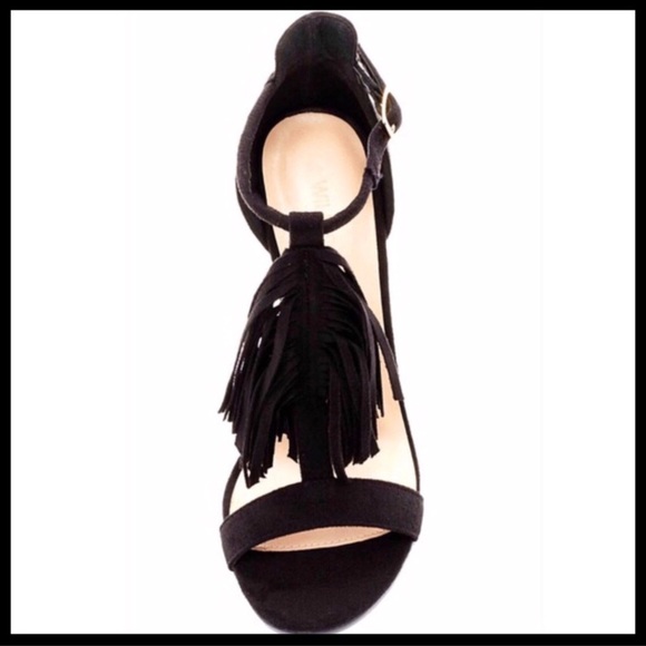 BLACK TASSEL FRINGE ANKLE STRAP HEELS SANDALS - Picture 5 of 8